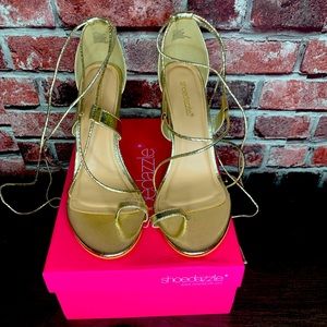 Gold wrap ankle wedges